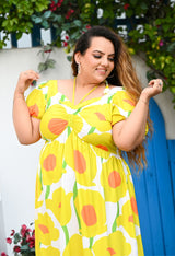 Plus Size Sunflower Flowy Ruched Midi Dress