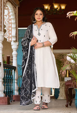 Plus Size Classic White & Black Embroidered Kurta with Dupatta