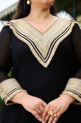 Plus Size Opulent Black Asymmetrical Co-ord Set with Statement Gold Detailing