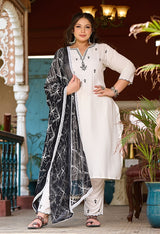 Plus Size Classic White & Black Embroidered Kurta with Dupatta