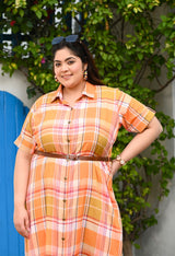 Plus Size Rust Orange Check Shirt Muslin Dress – Belted Midi Dress with Front Buttons
