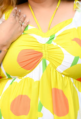 Plus Size Sunflower Flowy Ruched Midi Dress