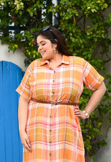 Plus Size Rust Orange Check Shirt Muslin Dress – Belted Midi Dress with Front Buttons
