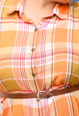Plus Size Rust Orange Check Shirt Muslin Dress – Belted Midi Dress with Front Buttons