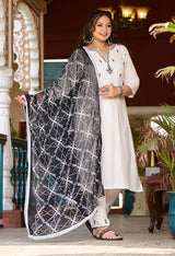 Plus Size Classic White & Black Embroidered Kurta with Dupatta