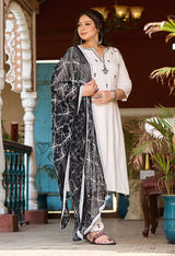 Plus Size Classic White & Black Embroidered Kurta with Dupatta