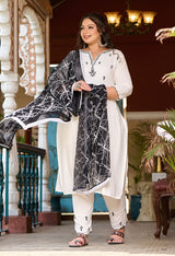 Plus Size Classic White & Black Embroidered Kurta with Dupatta