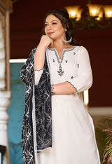 Plus Size Classic White & Black Embroidered Kurta with Dupatta