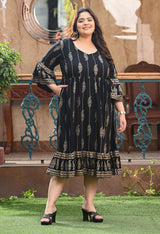 Plus Size Black Gold Printed Flared Sleeves Rayon Dress