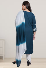 Plus Size Poetic Teal Embroidered Kurta Pant Set with Dupatta