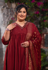 Plus Size Magnetic Maroon Cotton Silk Anarkali with Dupatta