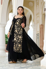Plus Size Celestial Charm Black Embroidered Cape Anarkali