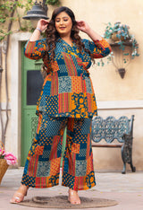 Plus Size Teal Abstract Pure Chinon Co-ord Set