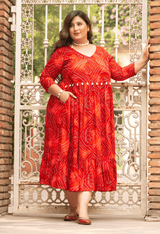 Bandhani Printed Maroon Angarakha Fit & Flare Midi Dress