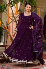 Plus Size Plum Royale Georgette Anarkali with Mukaish Work & Dupatta