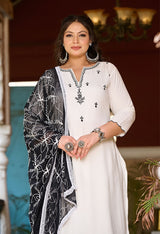 Plus Size Classic White & Black Embroidered Kurta with Dupatta
