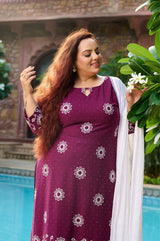 Plus Size Handcrafted Wine Aari Embroidery Kurta Set with Dupatta