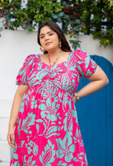 Plus Size Hot Pink Flowy Ruched Midi Dress