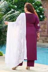 Plus Size Handcrafted Wine Aari Embroidery Kurta Set with Dupatta