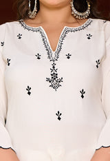 Plus Size Classic White & Black Embroidered Kurta with Dupatta