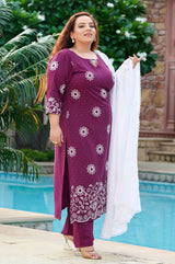 Plus Size Handcrafted Wine Aari Embroidery Kurta Set with Dupatta
