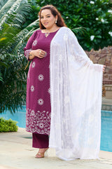 Plus Size Handcrafted Wine Aari Embroidery Kurta Set with Dupatta