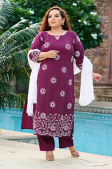 Plus Size Handcrafted Wine Aari Embroidery Kurta Set with Dupatta
