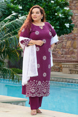 Plus Size Handcrafted Wine Aari Embroidery Kurta Set with Dupatta
