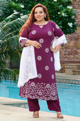 Plus Size Handcrafted Wine Aari Embroidery Kurta Set with Dupatta