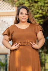Plus Size Spicy Mustard Rayon Frill Dress