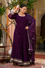 Plus Size Plum Royale Georgette Anarkali with Mukaish Work & Dupatta