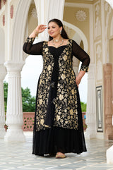 Plus Size Celestial Charm Black Embroidered Cape Anarkali