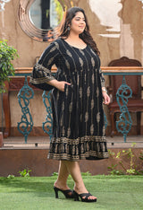 Plus Size Black Gold Printed Flared Sleeves Rayon Dress