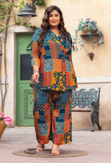 Plus Size Teal Abstract Pure Chinon Co-ord Set