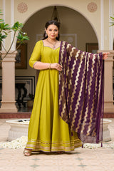 Plus Size Mehfil Magic Parrot Anarkali with Contrast Plum Dupatta