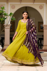 Plus Size Mehfil Magic Parrot Anarkali with Contrast Plum Dupatta