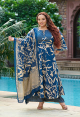 Plus Size Indigo Breeze Printed Anarkali Set with Dupatta