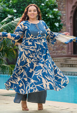 Plus Size Indigo Breeze Printed Anarkali Set with Dupatta