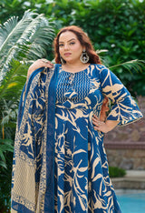 Plus Size Indigo Breeze Printed Anarkali Set with Dupatta