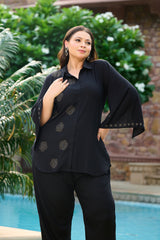 Plus Size Chic Black Embellished Co-ord Set with Flared Sleeves