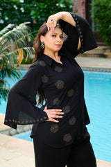 Plus Size Chic Black Embellished Co-ord Set with Flared Sleeves