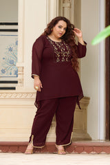 Plus Size Festive Regal Coffee Embroidered Co-ord Set with Golden Leafwork