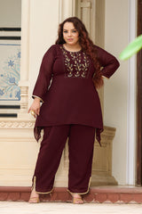Plus Size Festive Regal Coffee Embroidered Co-ord Set with Golden Leafwork