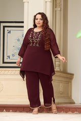 Plus Size Festive Regal Coffee Embroidered Co-ord Set with Golden Leafwork