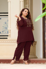 Plus Size Festive Regal Coffee Embroidered Co-ord Set with Golden Leafwork