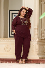 Plus Size Festive Regal Coffee Embroidered Co-ord Set with Golden Leafwork