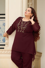 Plus Size Festive Regal Coffee Embroidered Co-ord Set with Golden Leafwork