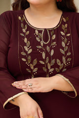 Plus Size Festive Regal Coffee Embroidered Co-ord Set with Golden Leafwork