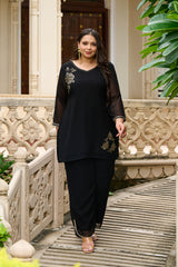 Plus Size Festive Black Embroidered Co-ord Set with Rose Motifs