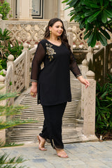 Plus Size Festive Black Embroidered Co-ord Set with Rose Motifs